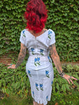 Vintage 60s White Wiggle Dress with Blue Roses