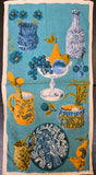 Vintage Blue Fruit and Dish Novelty Print Tea Towel