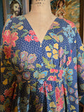 Vintage 70s blue bird floral and butterfly kaftan