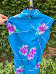 Vintage 70s Blue Hawaiian Dress with Purple Orchids