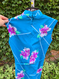 Vintage 70s Blue Hawaiian Dress with Purple Orchids