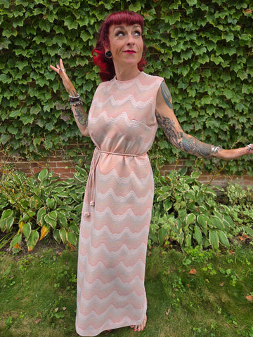Vintage 70s Orange and Metallic Silver Maxi Dress