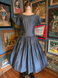 Vintage 50s Blue gray formal dress with velvet trim