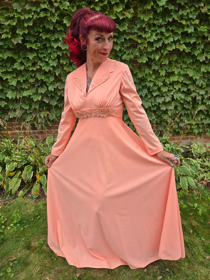 Vintage 70s Peach Floor Length Long Sleeve Dress