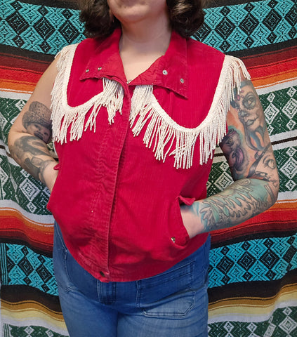 Vintage Red Corduroy White Fringe Vest