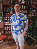 Vintage Y2K Blue and White Floral Hawaii Shirt