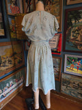 Vintage 40s blue floral and white lace cotton day dress