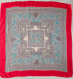 Vintage 60s Red Gray Blue Floral Square Silk Scarf