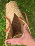 Vintage 70s Woven Wicker Bag with Leather Strap
