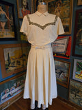 Vintage 50s white & gold embroidered wool dress