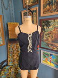 Vintage 50s Black Swimsuit with White Lace Ruffle