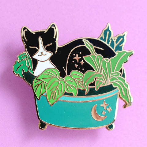 Glitter Punk Plant Pot Cat Hard Enamel Pin
