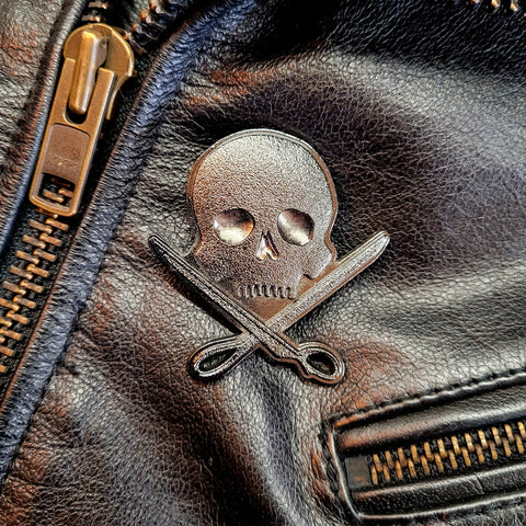Abernathy's Gunmetal Skull and Scissors Enamel Pin